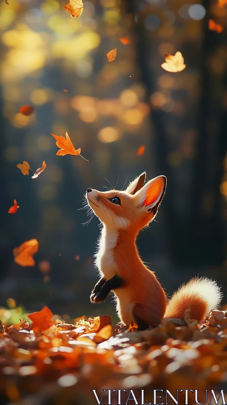 Playful baby fox delights in falling autumn leaves.