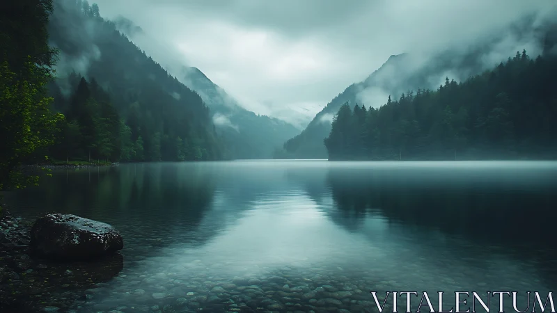 Mist-covered mountain lake reflects dense forested slopes