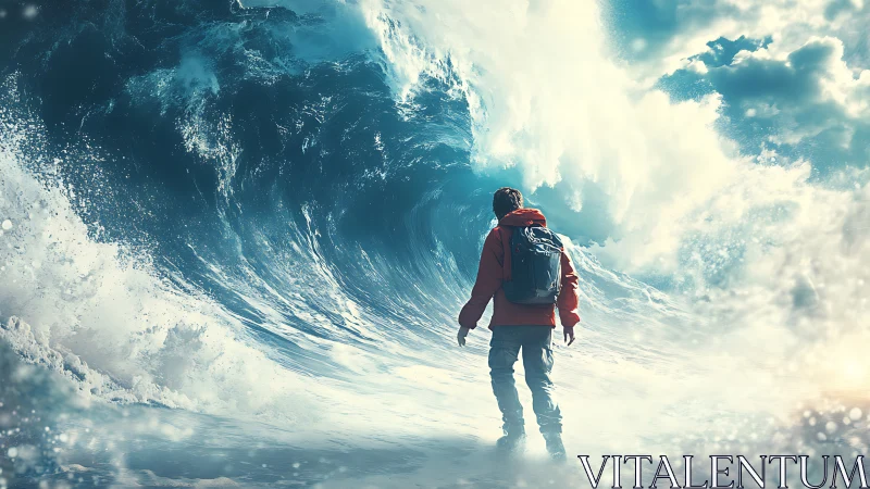 Solitary traveler stands before towering frozen ocean wave