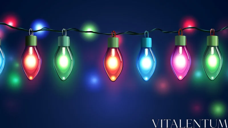 Multicolored holiday string lights glow against deep blue field