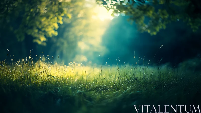 Sunlit meadow glows under soft morning forest haze