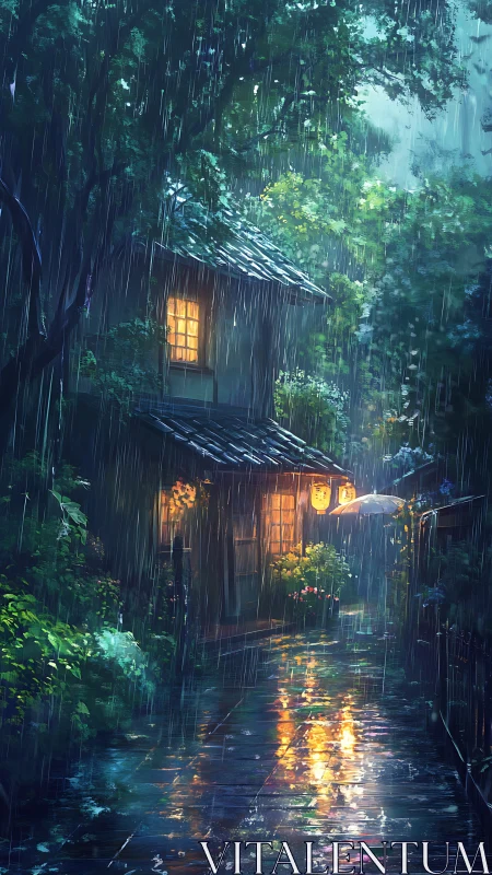 Rainy alley beside traditional house with illuminated windows.