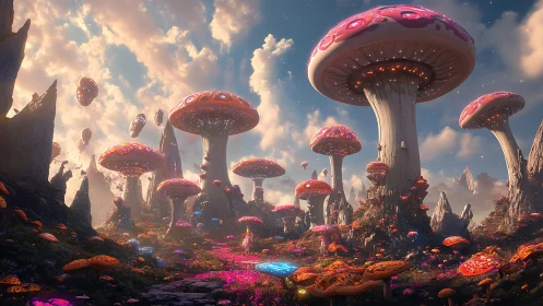 Rendered landscape shows oversized luminous mushrooms in daylight