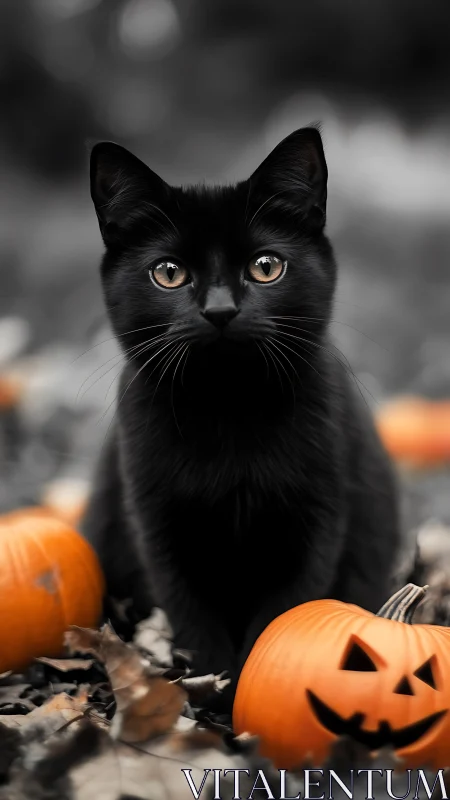 Black Cat with Golden Eyes Among Halloween Pumpkins.