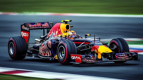 Red Bull Formula One car accelerates on racing circuit