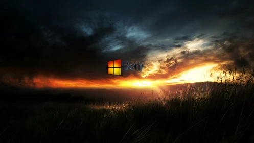 Windows-style logo overlayed on digitally enhanced sunset landscape