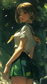 Backlit anime schoolgirl rendered in painterly digital style