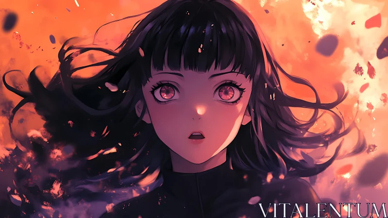 Shock-lit anime girl portrait amid fiery particle storm