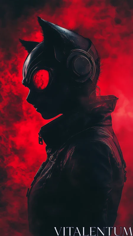 Feline-inspired cyber helmet silhouette against dense red fog