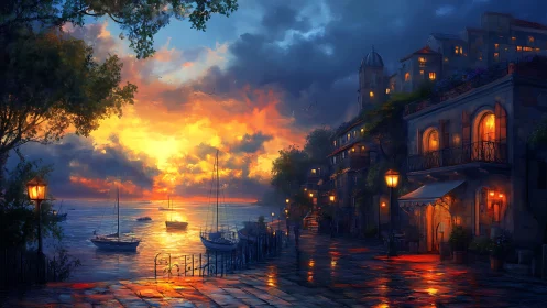 Harbor promenade glows under dramatic sunset sky.