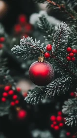 Frosted red ornament on evergreen Christmas branch detail.