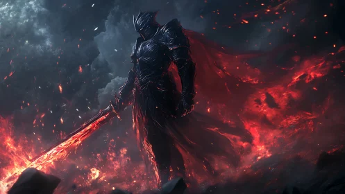 Dark armored warrior with flaming sword in fiery storm