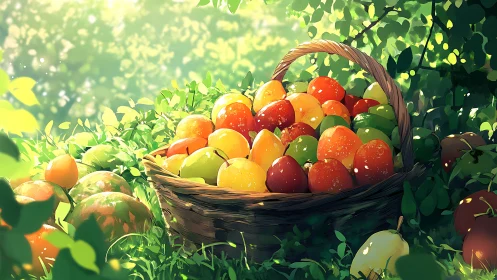 Sunlit wicker basket overflowing with vivid orchard fruit.