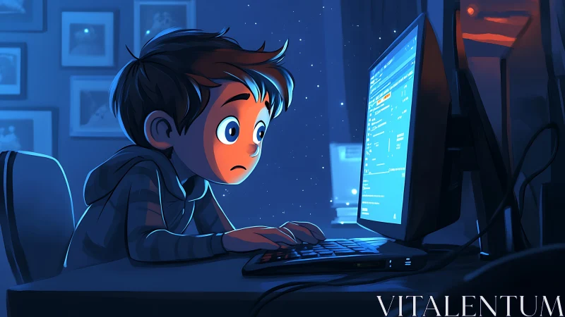 Late-night child at glowing monitor in moody blue room.