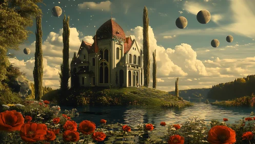 Enchanted riverside manor floats beneath drifting moons.