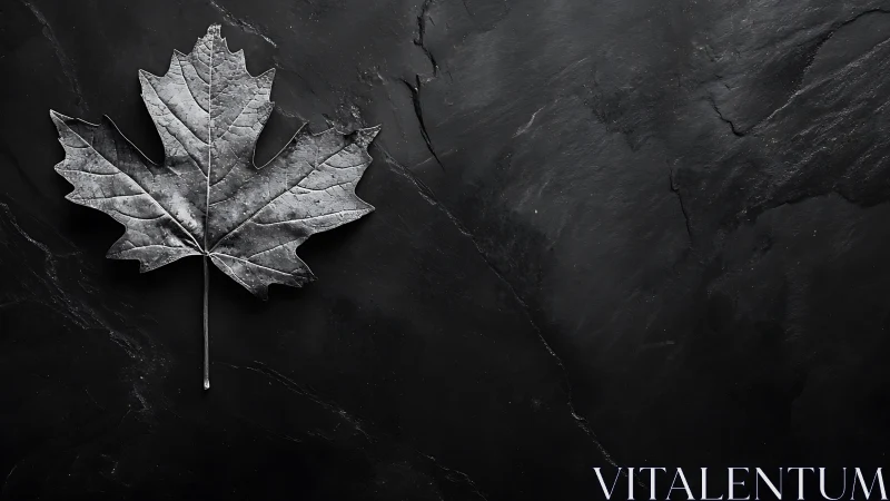 Single maple leaf lies on dark slate surface in sharp focus