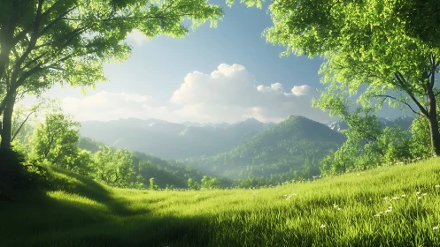 High dynamic range valley landscape with volumetric sunlight gradients