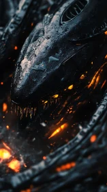 Molten-lit biomechanical creature head emerges from darkness