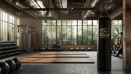 Industrial Loft Gymnasium with Clerestory Grid Windows and Exposed Brutalist Ceiling