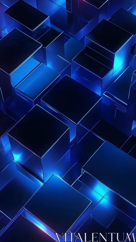 Glowing blue glass cubes build a calm geometric dreamscape
