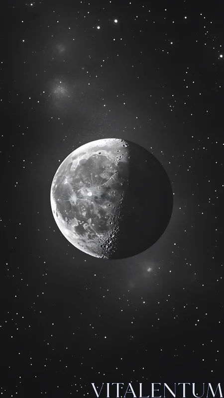 Photorealistic lunar crescent amid deep-space starfield study.