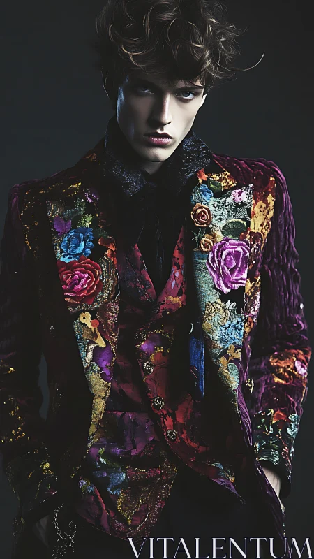 Velvet floral blazer bringing bold romance to evening style.