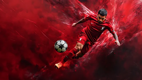 Soccer forward drives ball through explosive red motion