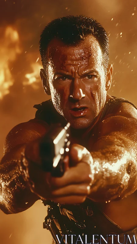 Close-range view of armed man with fire and smoke behind.