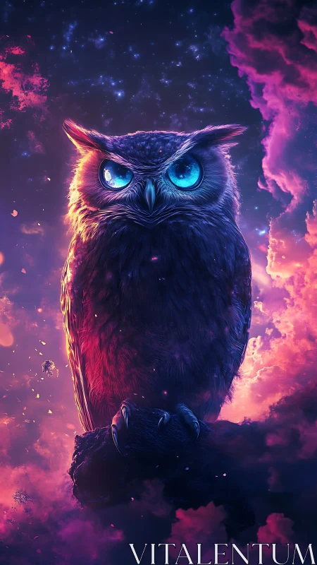 Celestial neon owl in luminous cosmic cloudscape digital painting.