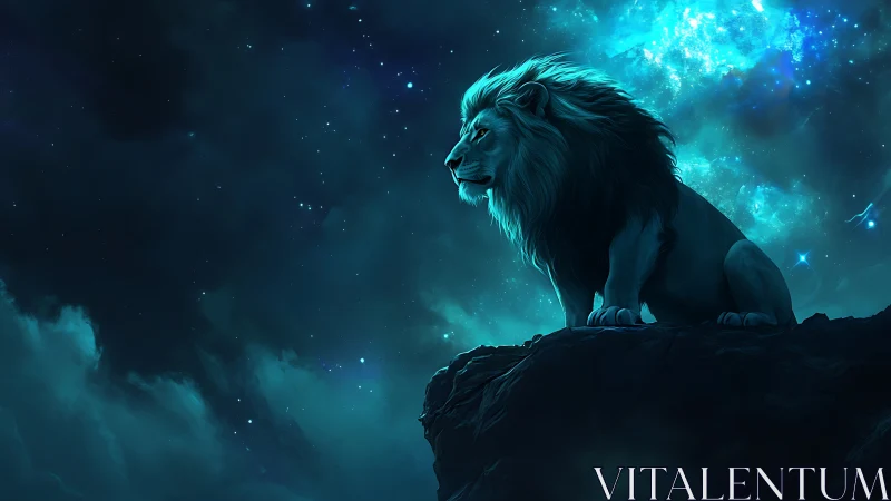 Celestial lion silhouette under glowing teal cosmos.