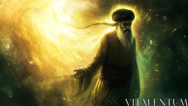 Mystic robed figure illuminated by swirling cosmic light vortex