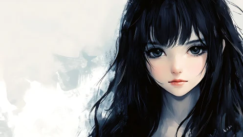 Quietly luminous girl gazes forward with soft, stormy eyes