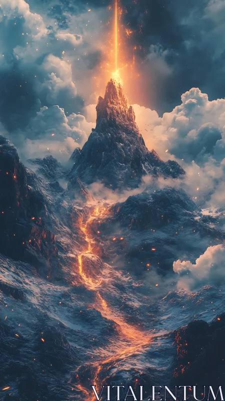 Volcanic spire ignites the clouds with a skyward firebeam.