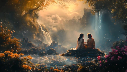 Luminescent Waterfall Canyon with Seated Figures Amid Floral Abundance.