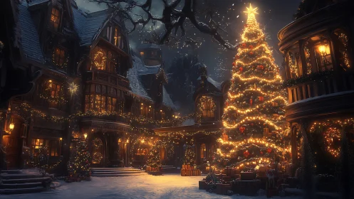 Victorian winter courtyard with luminous Christmas tree.