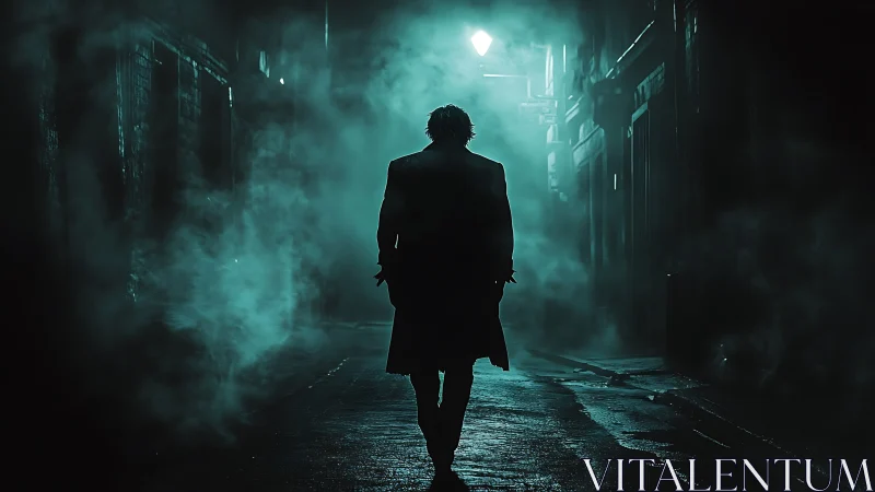 Silhouetted figure walks through foggy urban alley at night