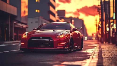 Sunset city streets welcome a bold red sports car’s glow