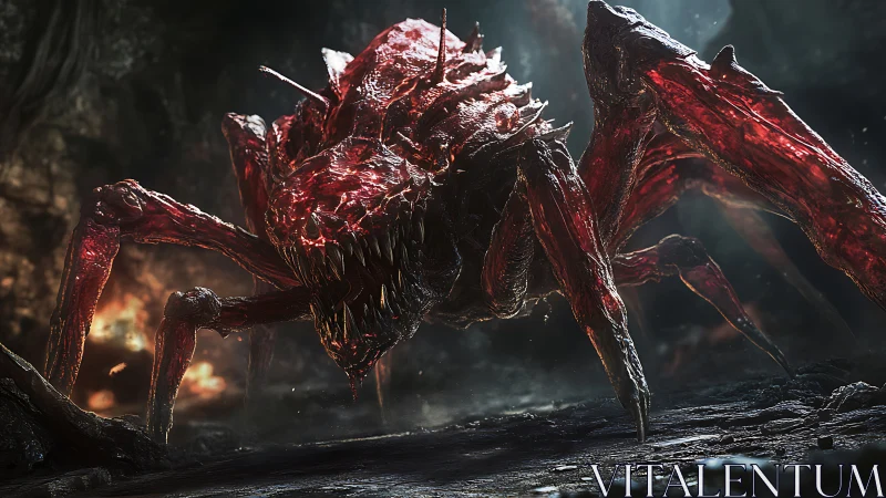 Predatory red exoskeletal creature in dark cavern setting.