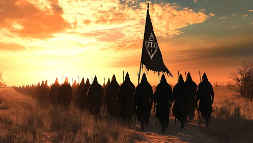 Processional cloaked cohort under stratified desert sunset sky.