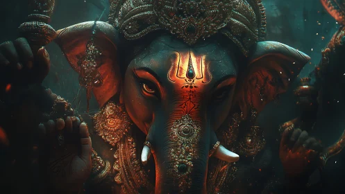 Elephant-headed deity figure with ornate gold adornments.