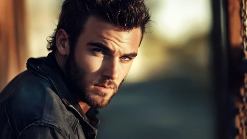 Male subject is depicted in close-up outdoor portrait view