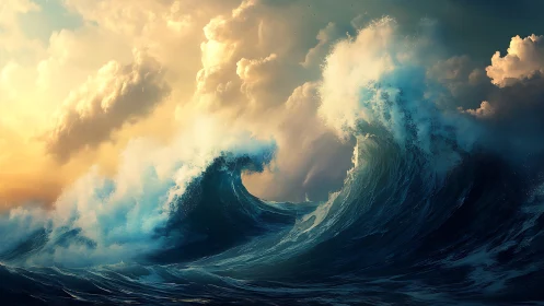 Sunlit storm waves rise beneath glowing dramatic clouds.