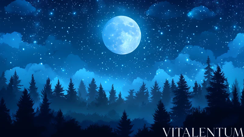 Full moon positioned above layered conifer forest silhouette