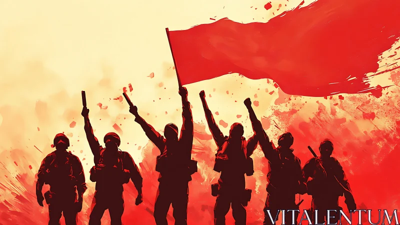 Revolutionary soldiers silhouetted under sweeping red flag.