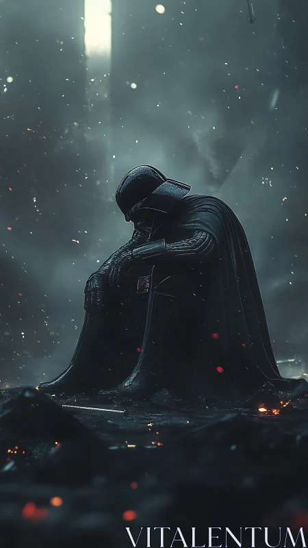 Armored cloaked figure kneels amid smoke and glowing embers