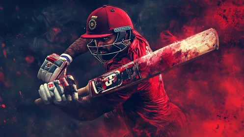 Cricket batsman powers swing through crimson smoke storm.