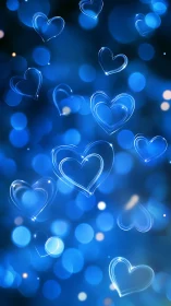 Blue neon heart shapes with bokeh light background composition.