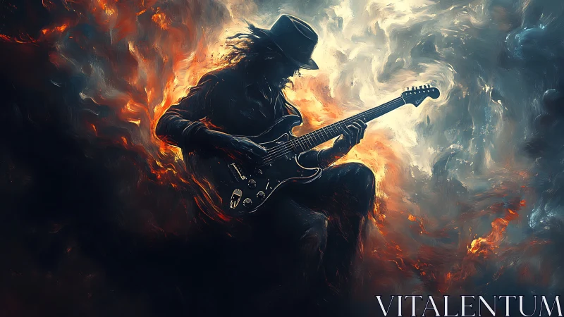 Guitarist riding stormy flames in a cosmic blues haze.