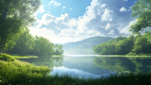 Peaceful lakeside morning wrapped in soft green light.