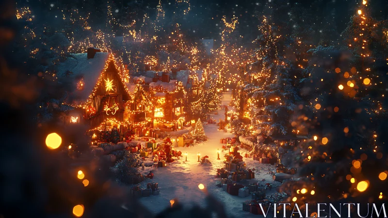 3D snowy Christmas village with luminous festive bokeh lighting.